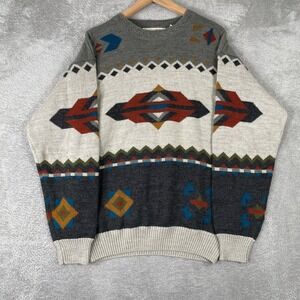 Vintage Aggio Sweater Mens Large Gray Aztec Grandpa Wool Blend Knit Crewneck